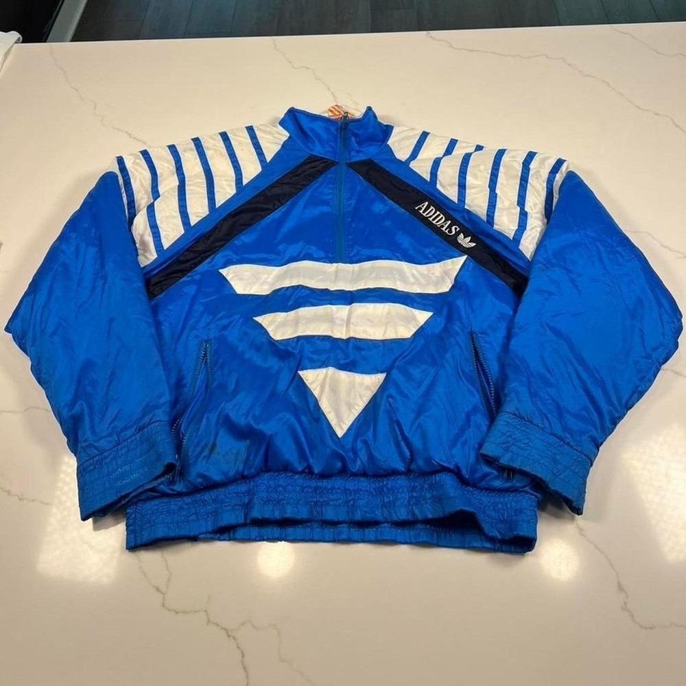 Vintage 80s adidas blue white striped windbreaker bomber jacket